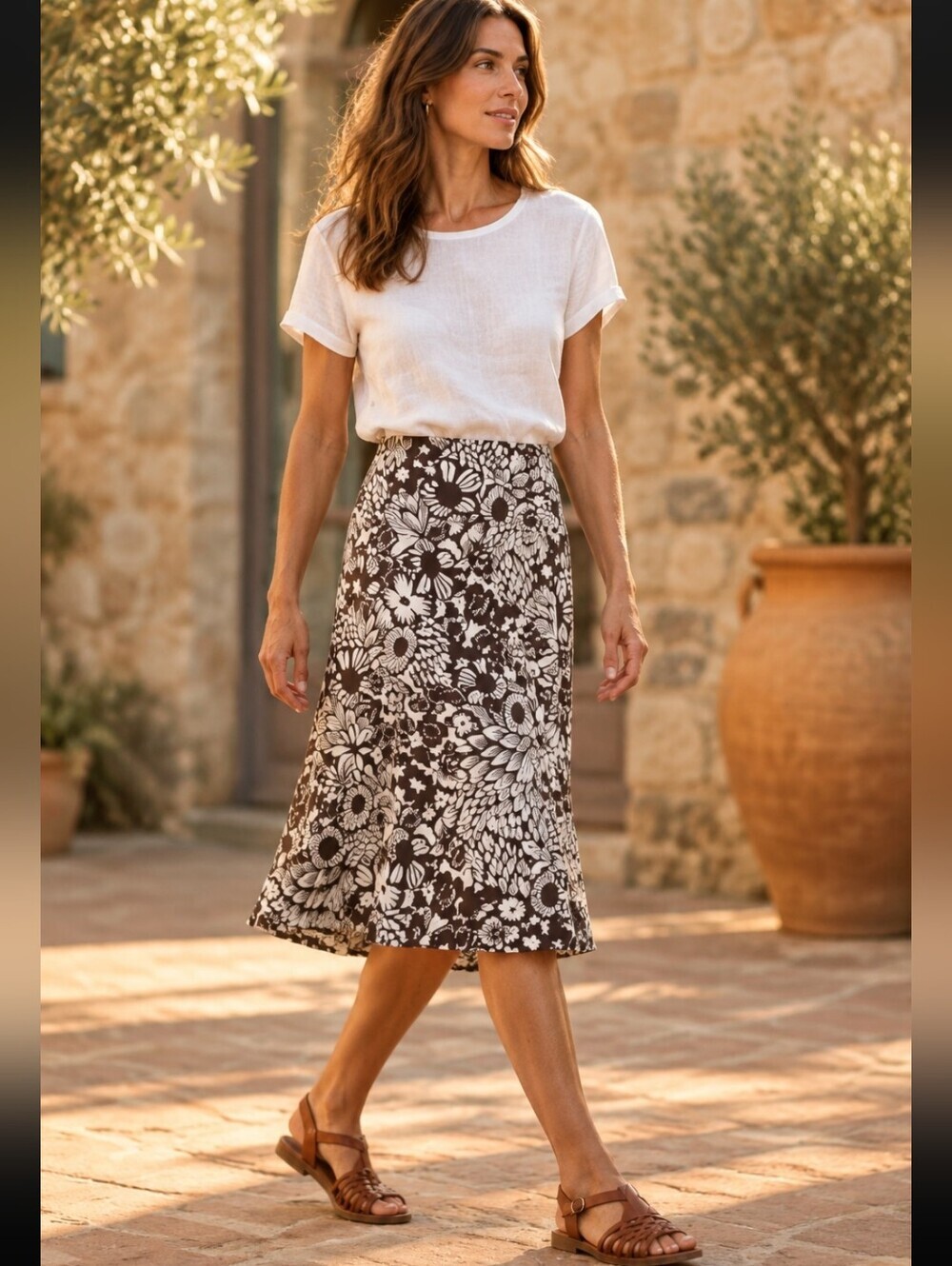 Reitmans Brown & Cream Juniors Floral A-Line Midi Skirt Flowy Size 7